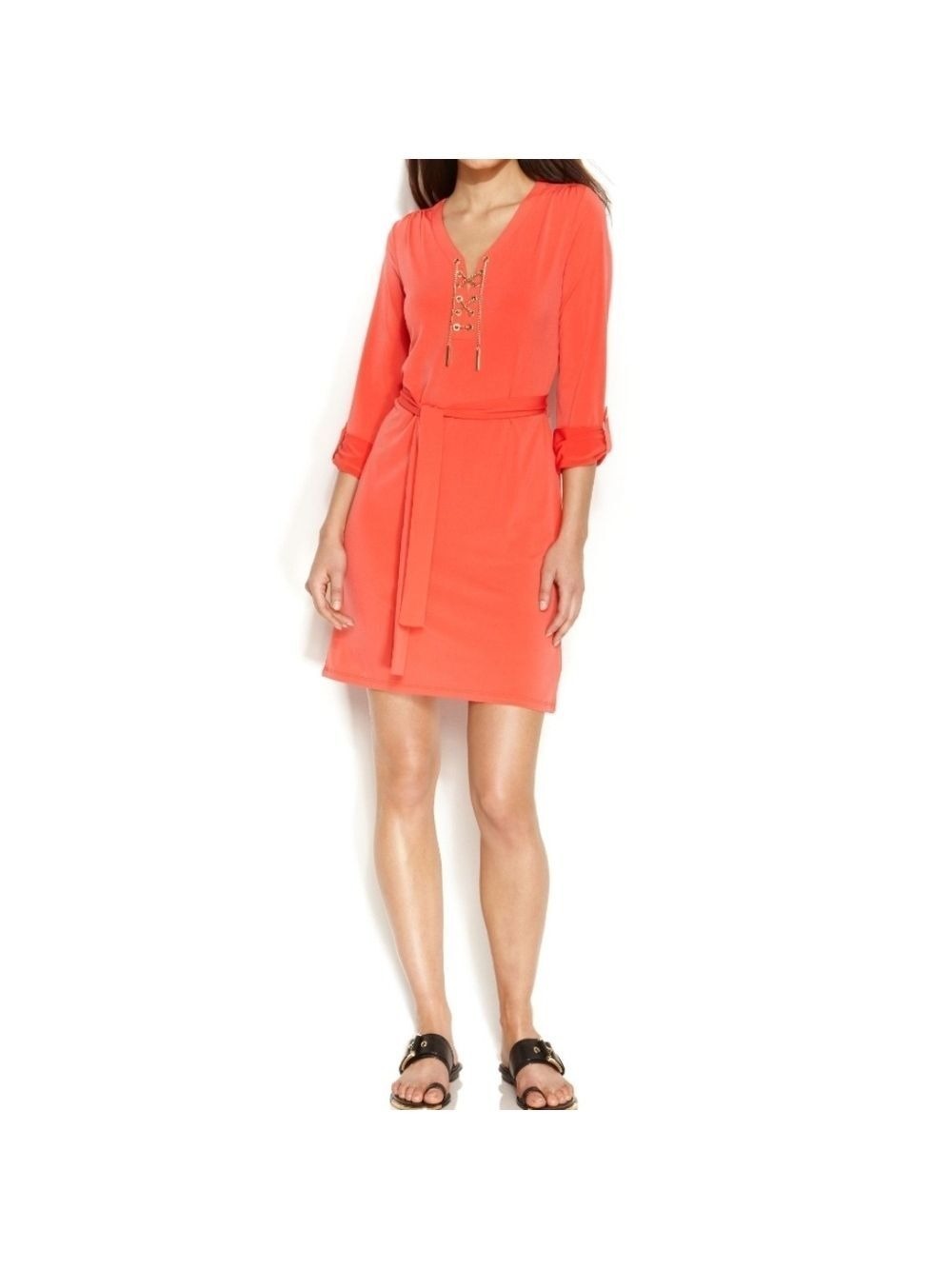 Michael Kors Orange Lace Up Belted Long Sleeve Dress